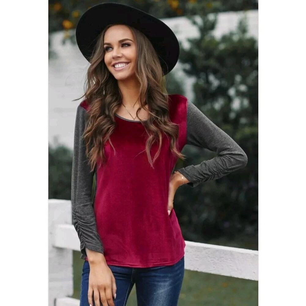 Sundance Velvet Front Long Sleeve Blouse Small Gray Burgundy Boho Casual Top